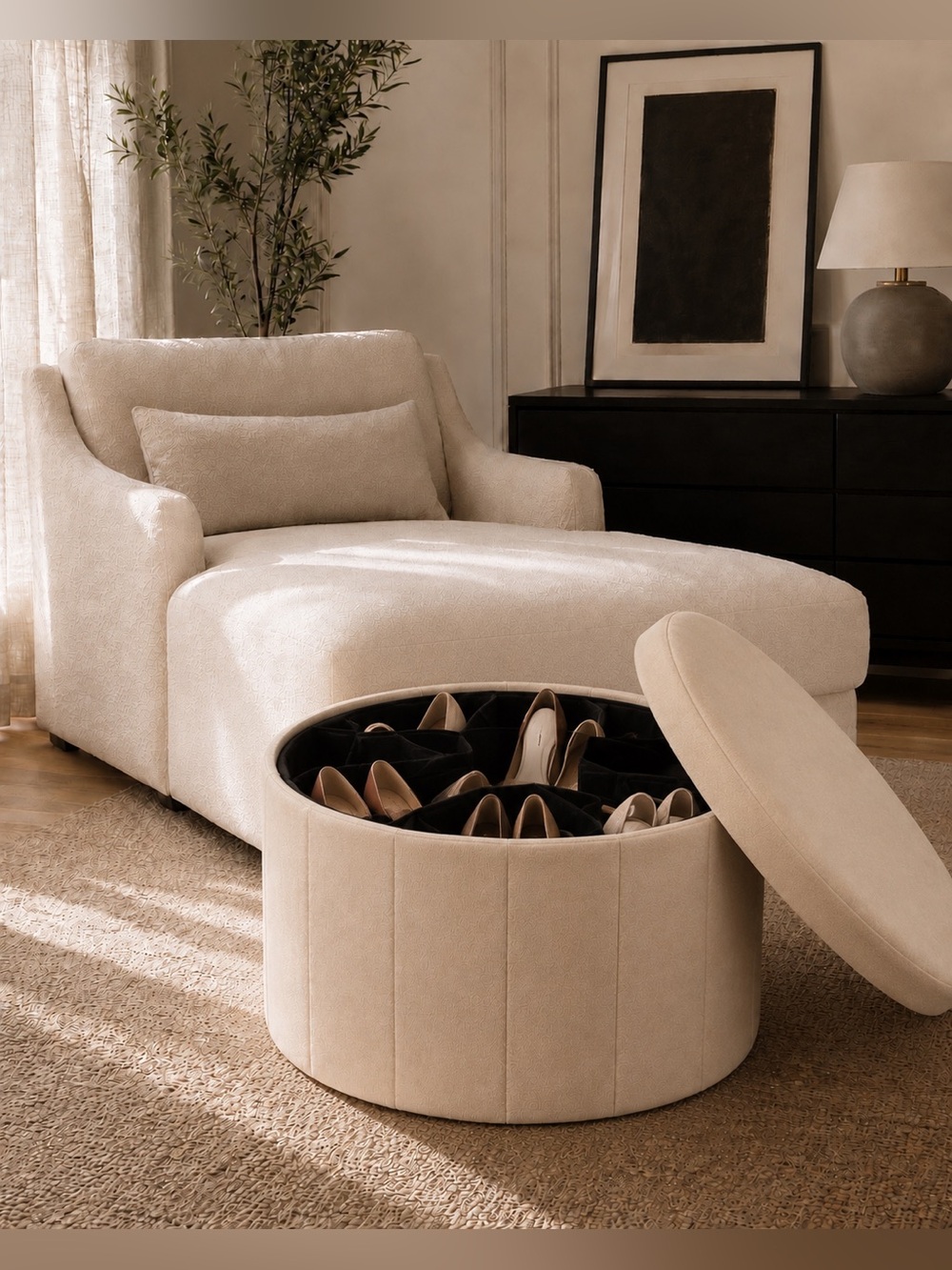 Round Shoe Storage Ottoman | Cream Velvet Hidden Organizer Seat | 250lb Capacity - Picture 2 of 8